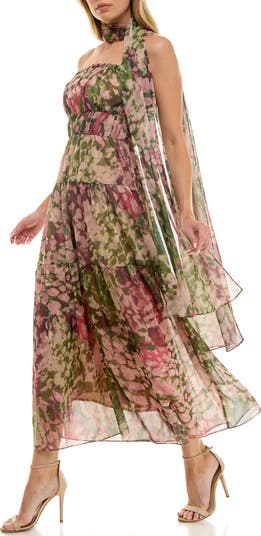 Metallic Floral Strapless Dress & Scarf Set