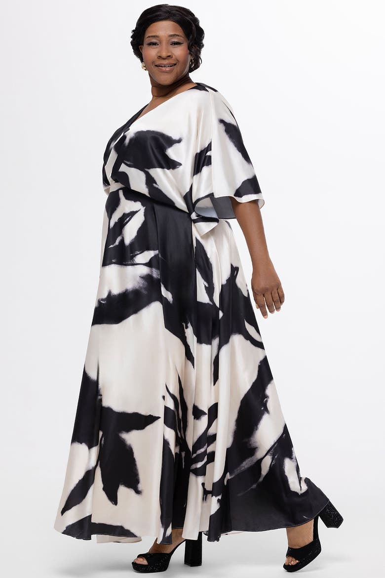 V-Neck Satin Print Plus Size Maxi Gown, Alternate, color, Cream/Black