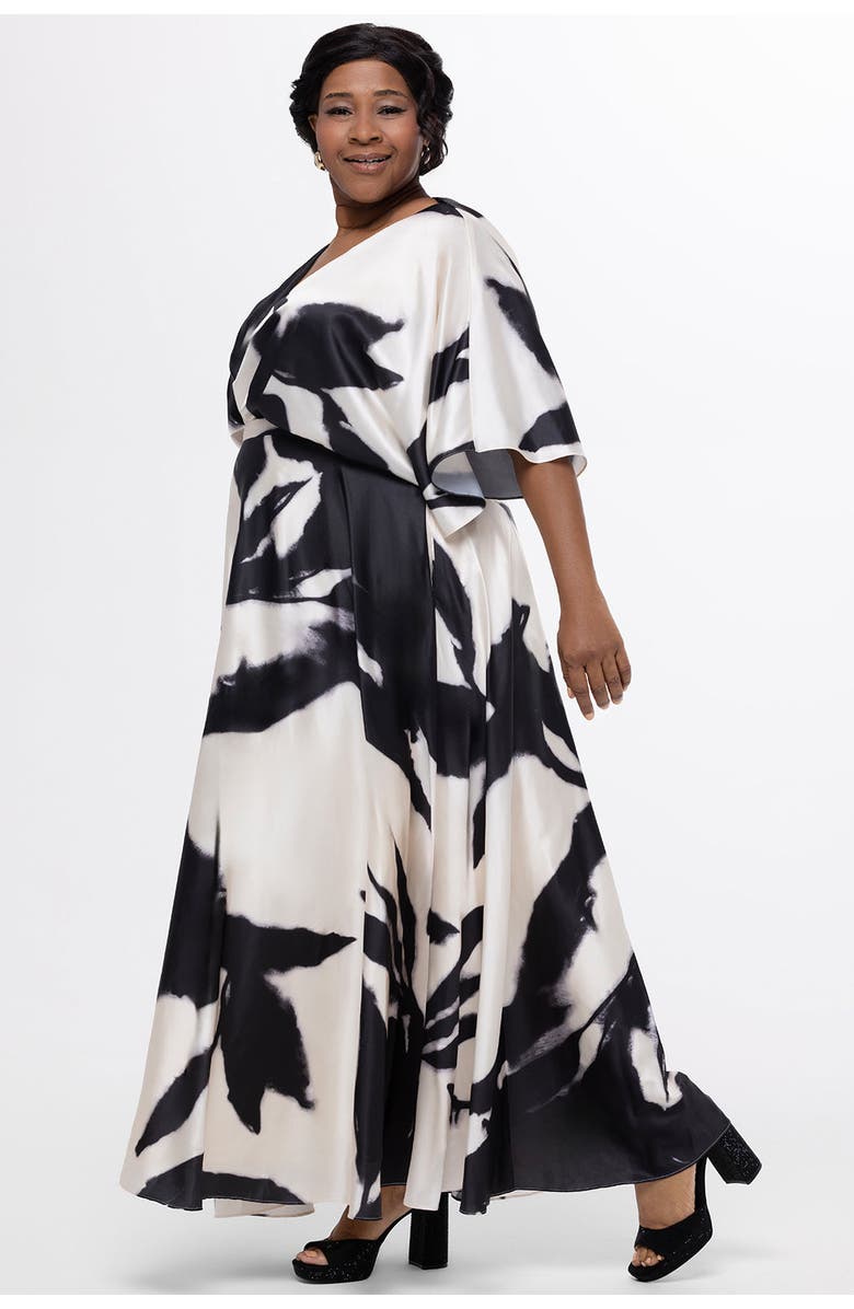Celebrations by Sydney's Closet V-Neck Satin Print Plus Size Maxi Gown, Alternate, color, Cream/Black