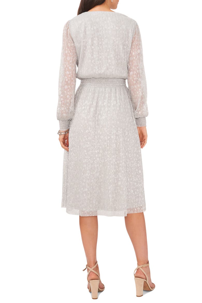 Plissé V-Neck Long Sleeve Midi Dress, Alternate, color, SILVER/SILVER