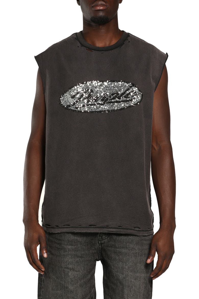 Sleeveless Textured Cotton Sequin Graphic T-Shirt, Main, color, BLACK