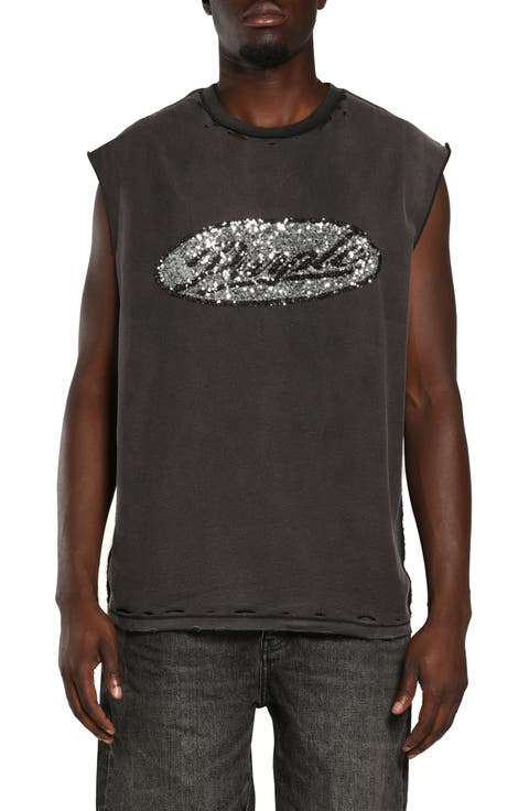 Sleeveless Textured Cotton Sequin Graphic T-Shirt