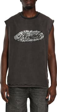 PURPLE BRAND Sleeveless Textured Cotton Sequin Graphic T-Shirt