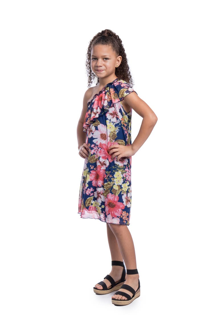 Blue Floral One Shoulder Ruffle Knee Length Dress, Alternate, color, Pink Multi