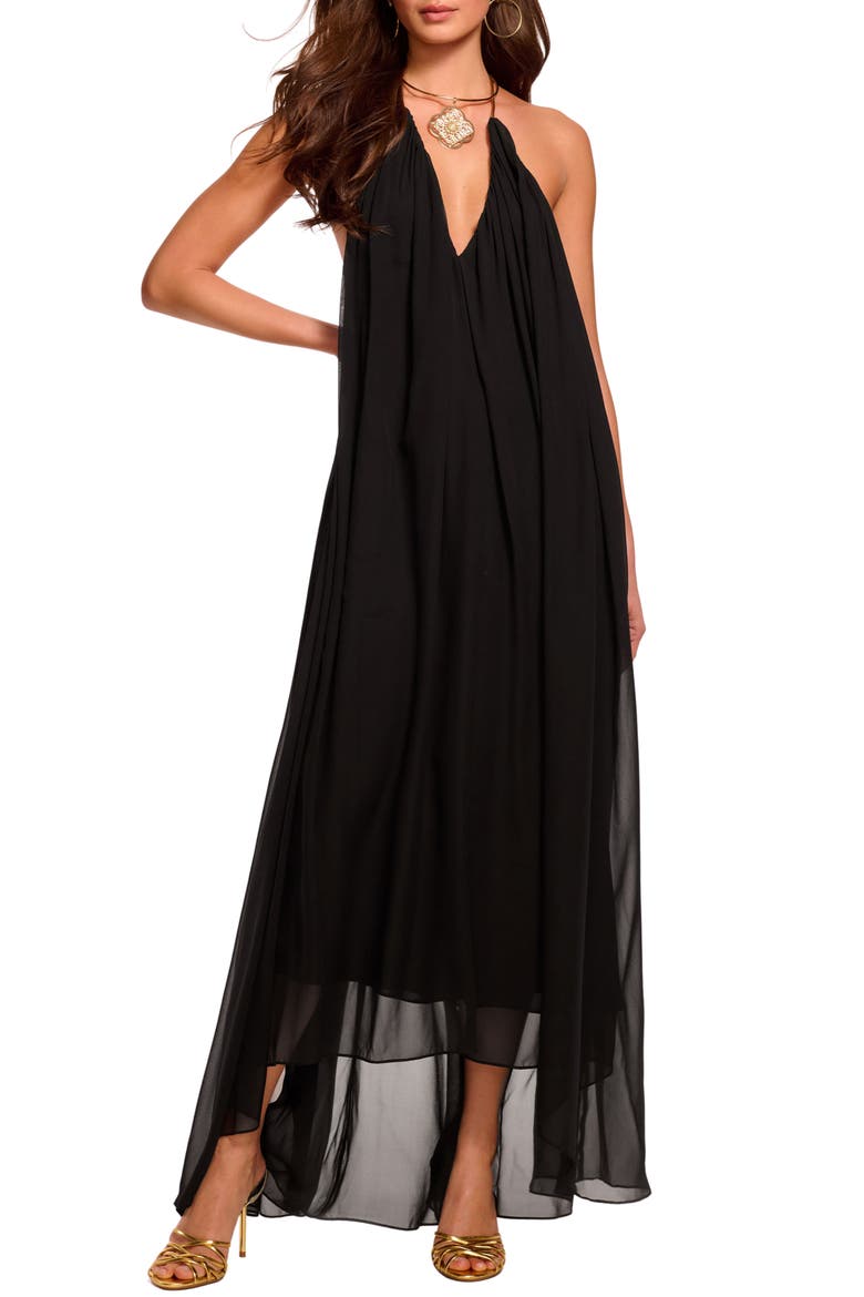Rain Chain Detail Halter Neck Silk Gown, Main, color, BLACK