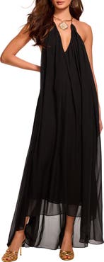 Ramy Brook Rain Chain Detail Halter Neck Silk Gown