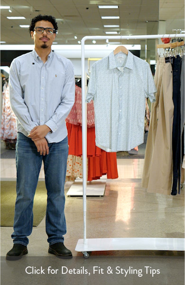 Tech Slim Fit Palm Print Short Sleeve Button-Up Shirt, sales video thumbnail