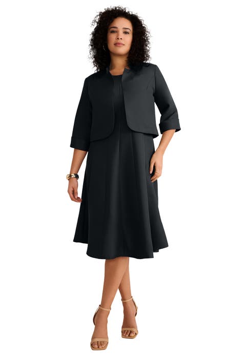 Plus Size Elbow Sleeve Fit And Flare Dress With Bolero Jacket 2 Piece Suit