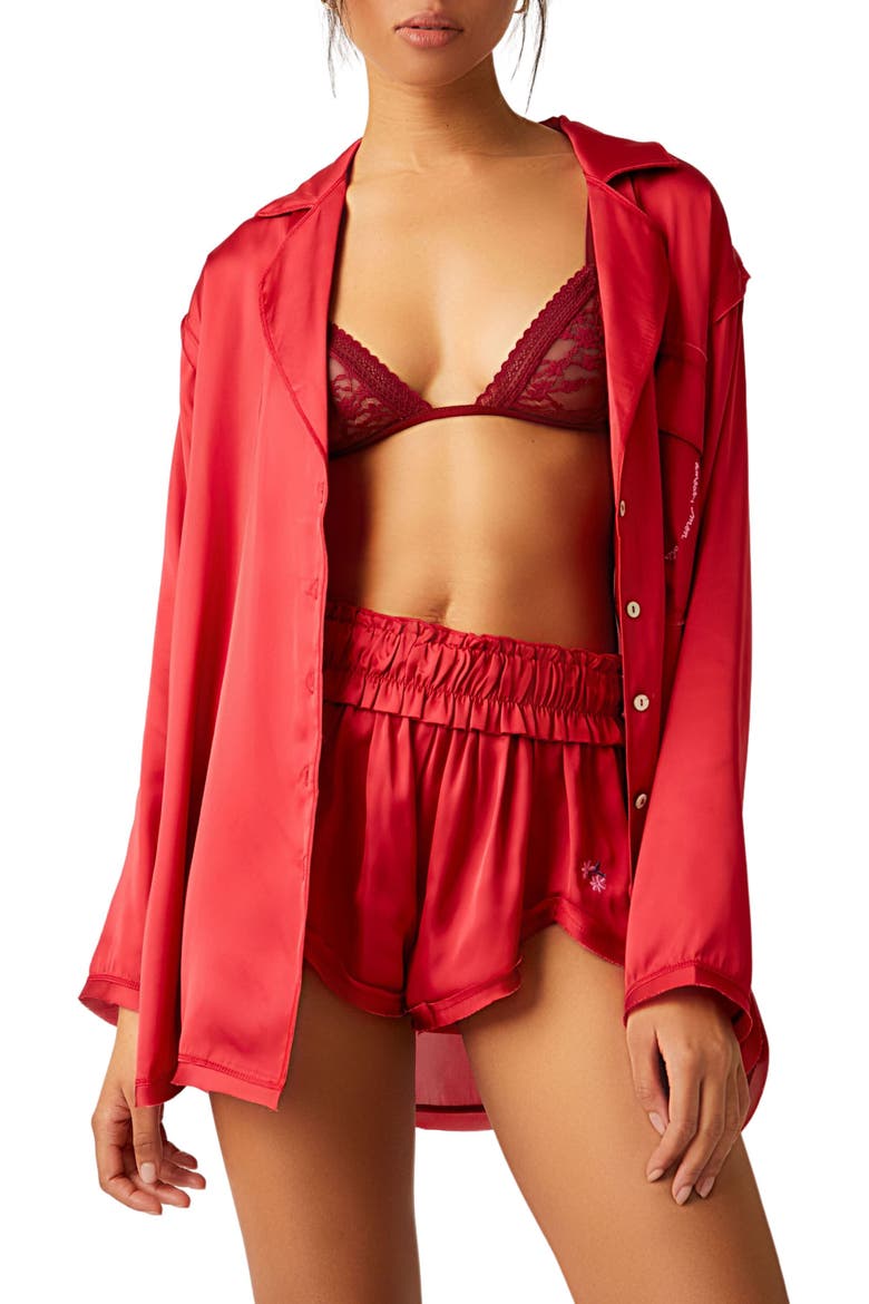 Like Honey Long-Sleeve Satin Pajama Shirt, Main, color, RUBY RED