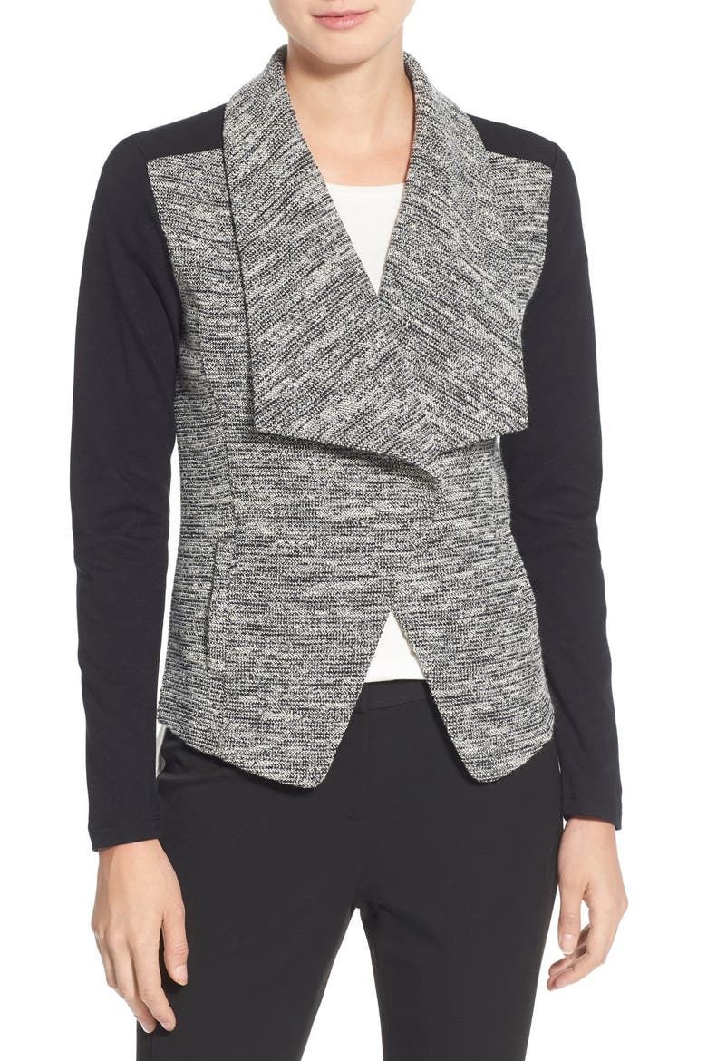 Bouclé & Knit Drape Collar Jacket, Main, color, BLACK MARL- BLACK COLORBLOCK