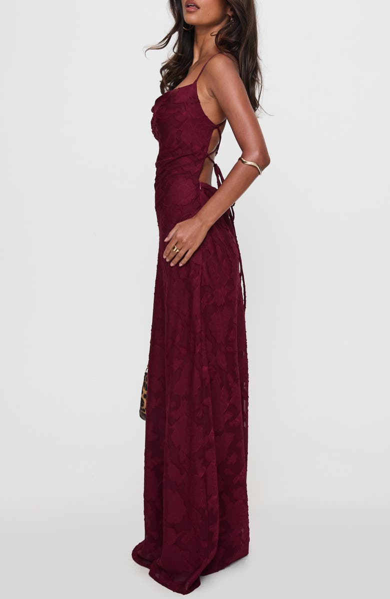 Princess Polly Celina Floral Jacquard Strappy Back Gown, Alternate, color, Burgundy Burnout