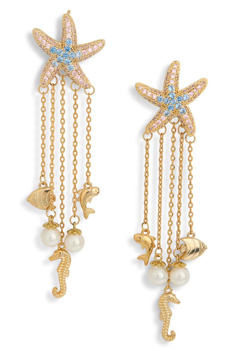 Samara Cubic Zirconia Starfish & Faux Pearl Drop Earrings, Main, color, GOLD