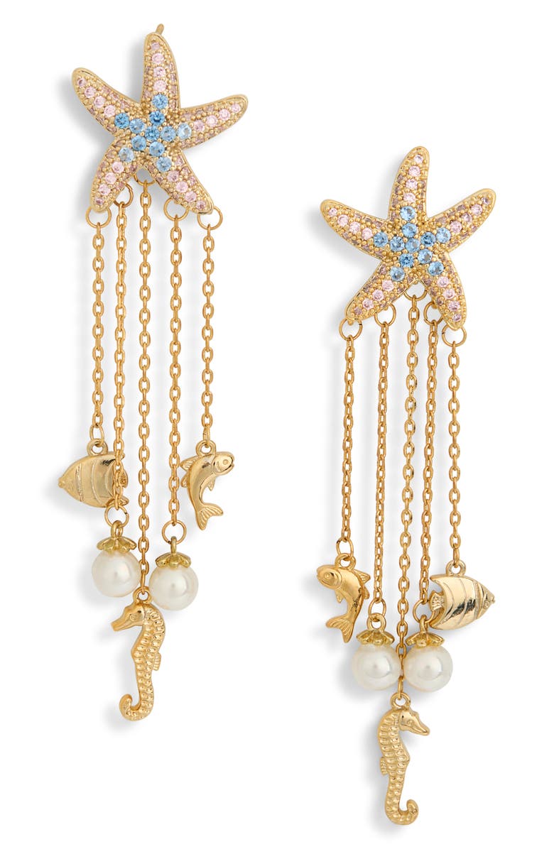 EYE CANDY LOS ANGELES Samara Cubic Zirconia Starfish & Faux Pearl Drop Earrings, Main, color, Gold