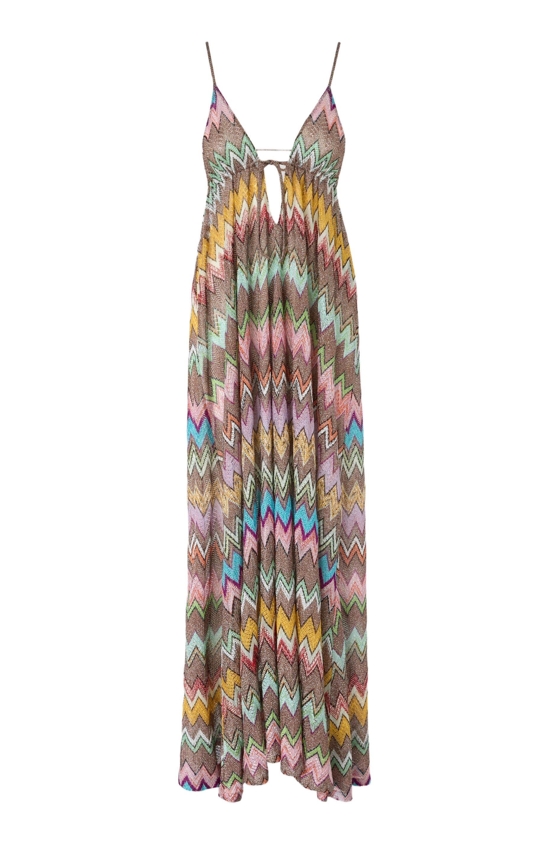 Long Beach Dress In Lame Viscose With Macro Zigzag Pattern And Thin Straps - image 2