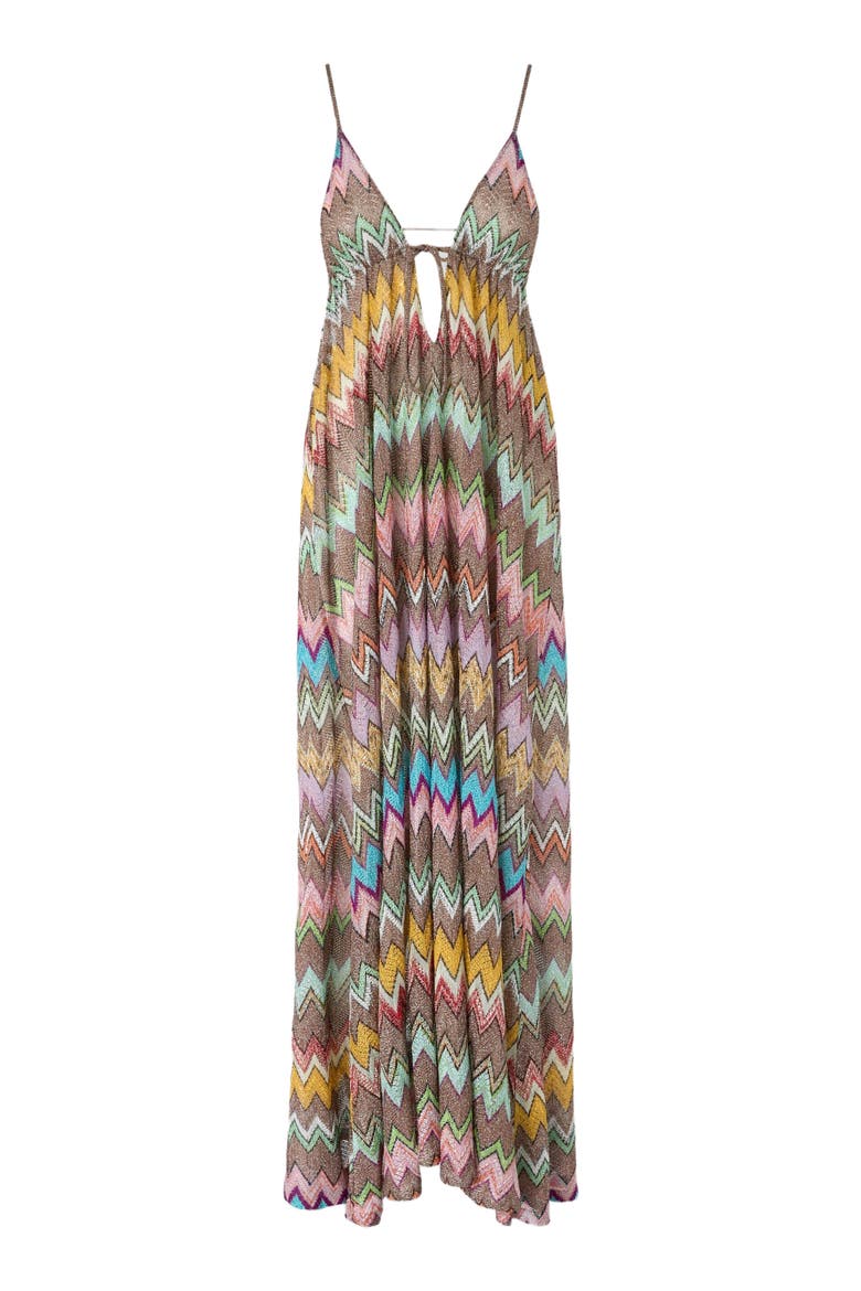 Long Beach Dress In Lamé Viscose With Macro Zigzag Pattern And Thin Straps, Alternate, color, Black & Multicoloured