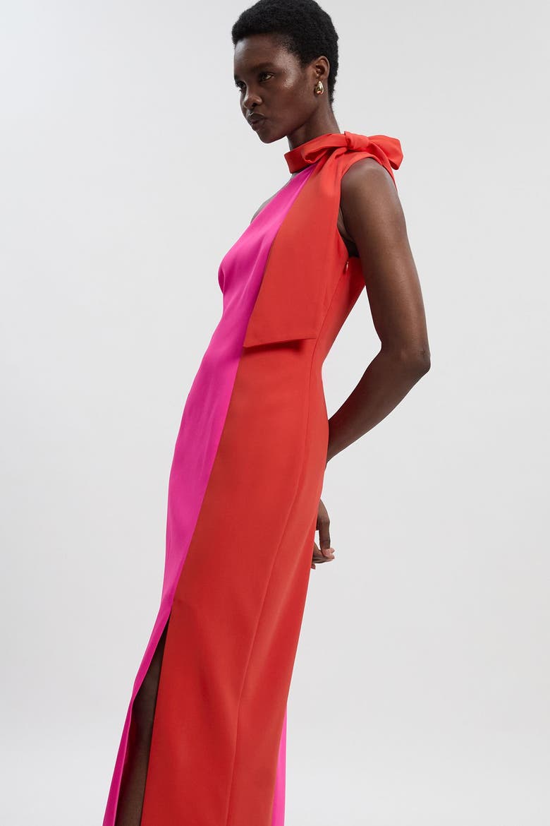 Soft Tailored Bow Tie-Neck Midi Dress, Alternate, color, Pink