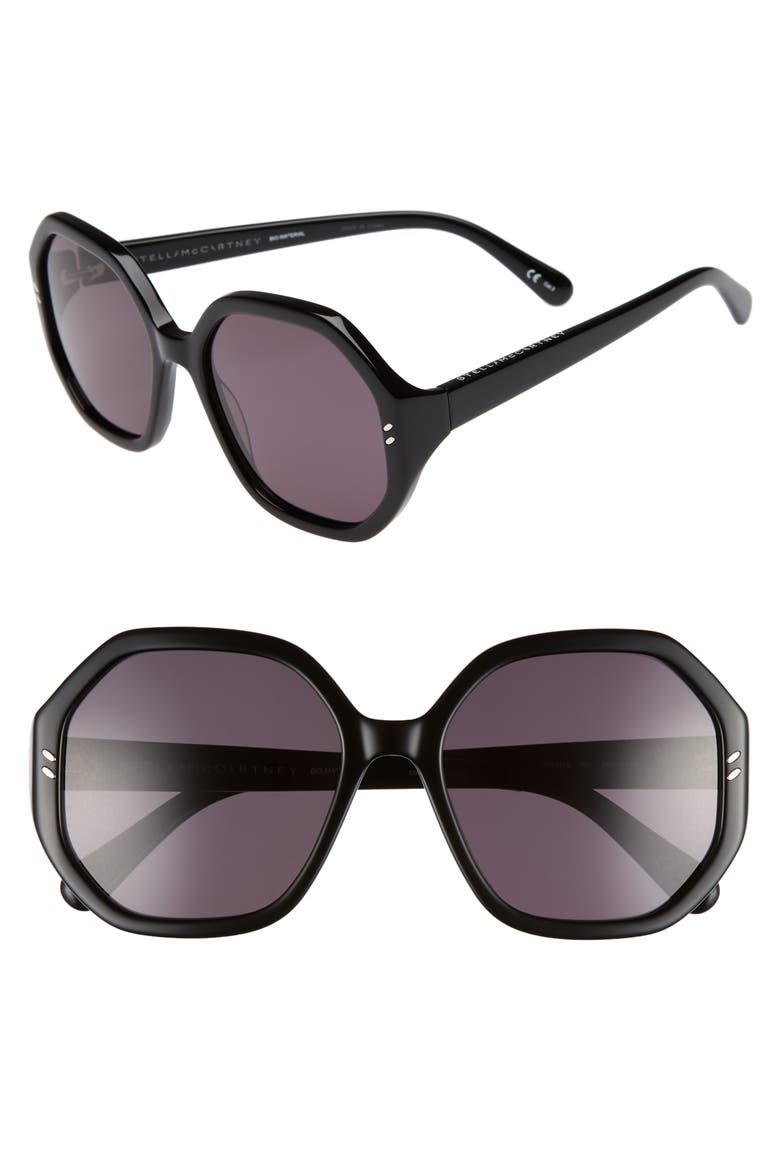 56mm Hexagonal Sunglasses, Main, color, BLACK
