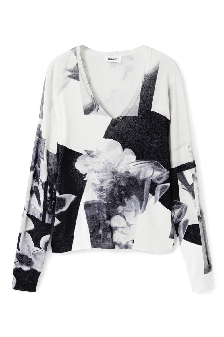 Floral Print Sweater, Alternate, color, WHITE