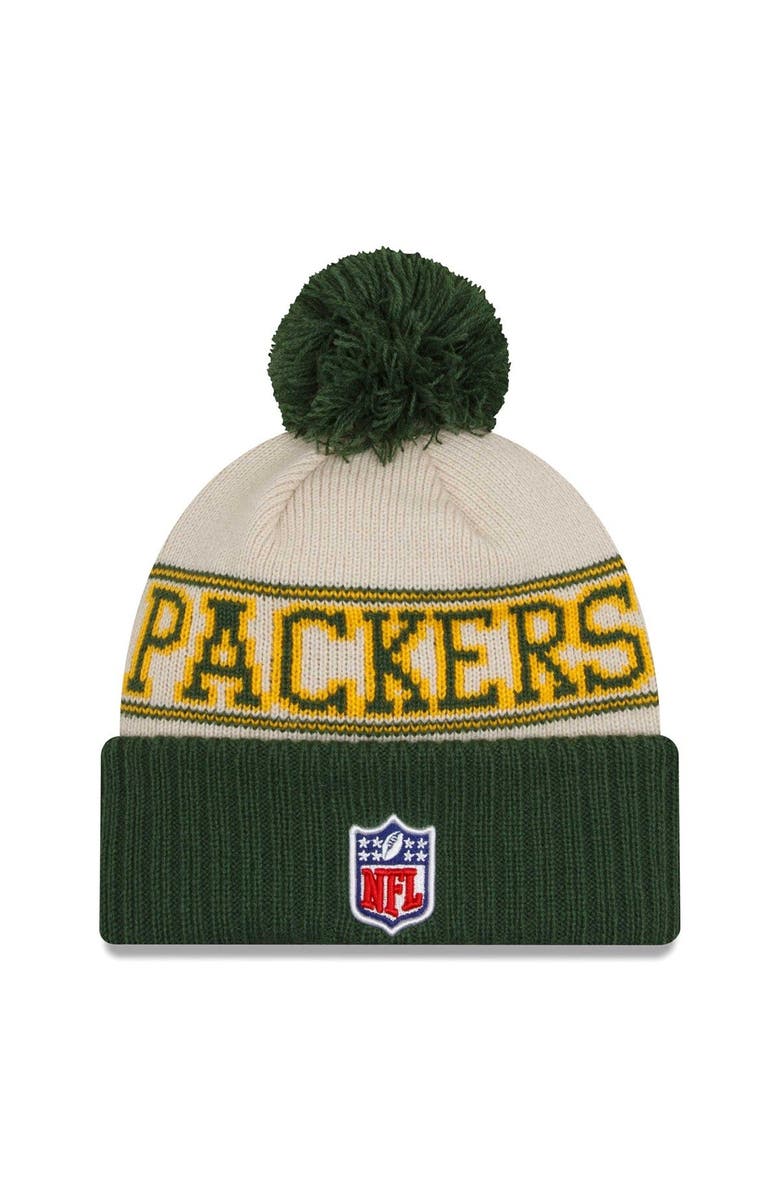 New Era Men's New Era  Cream/Green Green Bay Packers 2023 Sideline Historic Pom Cuffed Knit Hat, Alternate, color, 