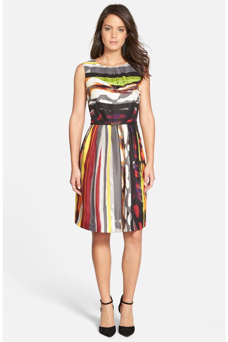 'Galaxy Stripe' Belted Print Twill Fit & Flare Dress, Alternate, color, GREY MULTI