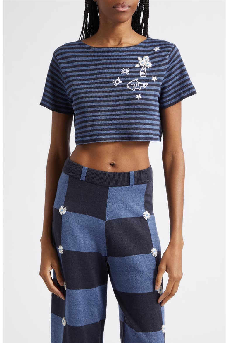 Daisy Stripe Crop Short Sleeve Linen Sweater, Main, color, DENIM