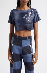 YanYan Daisy Stripe Crop Short Sleeve Linen Sweater