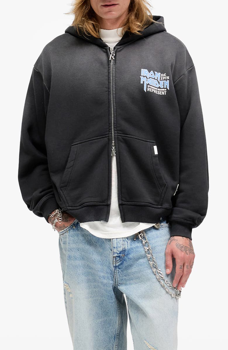 Represent Iron Maiden Anniversary Zip Hoodie, Main, color, Stained Black