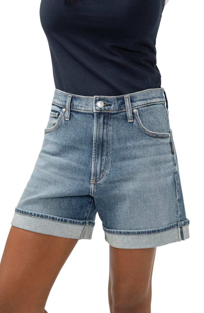 Silver Jeans Co. Be Easy High Waist Mid Thigh Denim Shorts, Alternate, color, Ambient