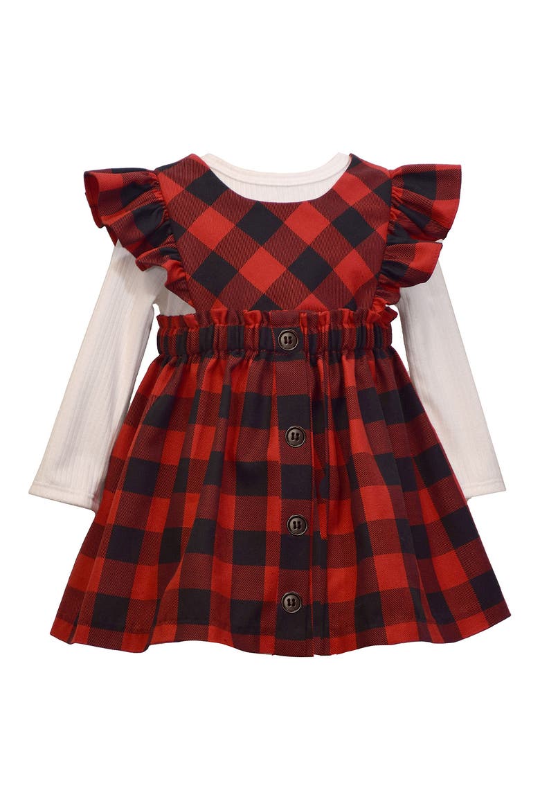 Kids' Long Sleeve Rib Top & Check Jumper Dress Set, Main, color, RED