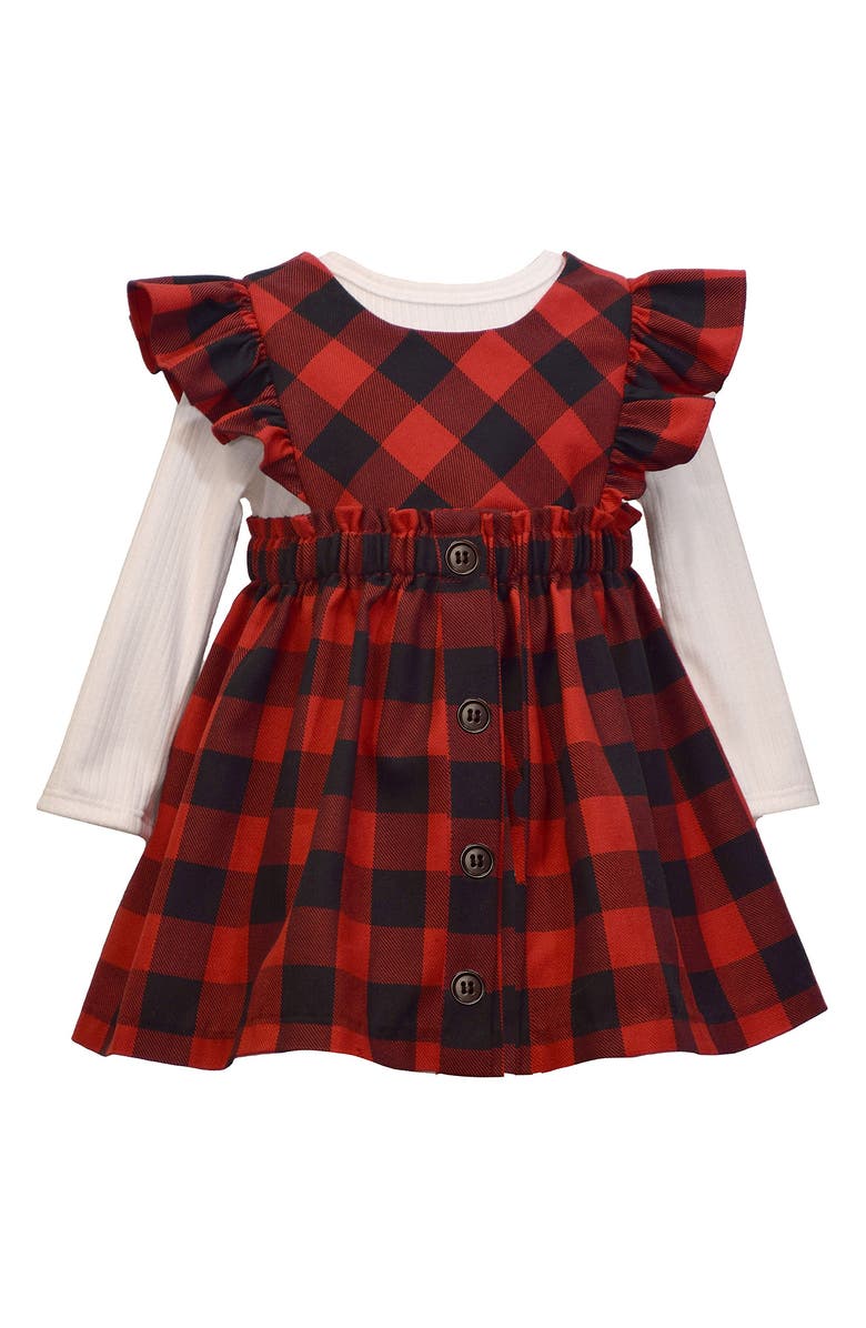 Bonnie Jean Kids' Long Sleeve Rib Top & Check Jumper Dress Set, Main, color, Red
