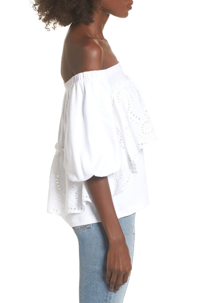 Eyelet Ruffle Off the Shoulder Top, Alternate, color, WHITE