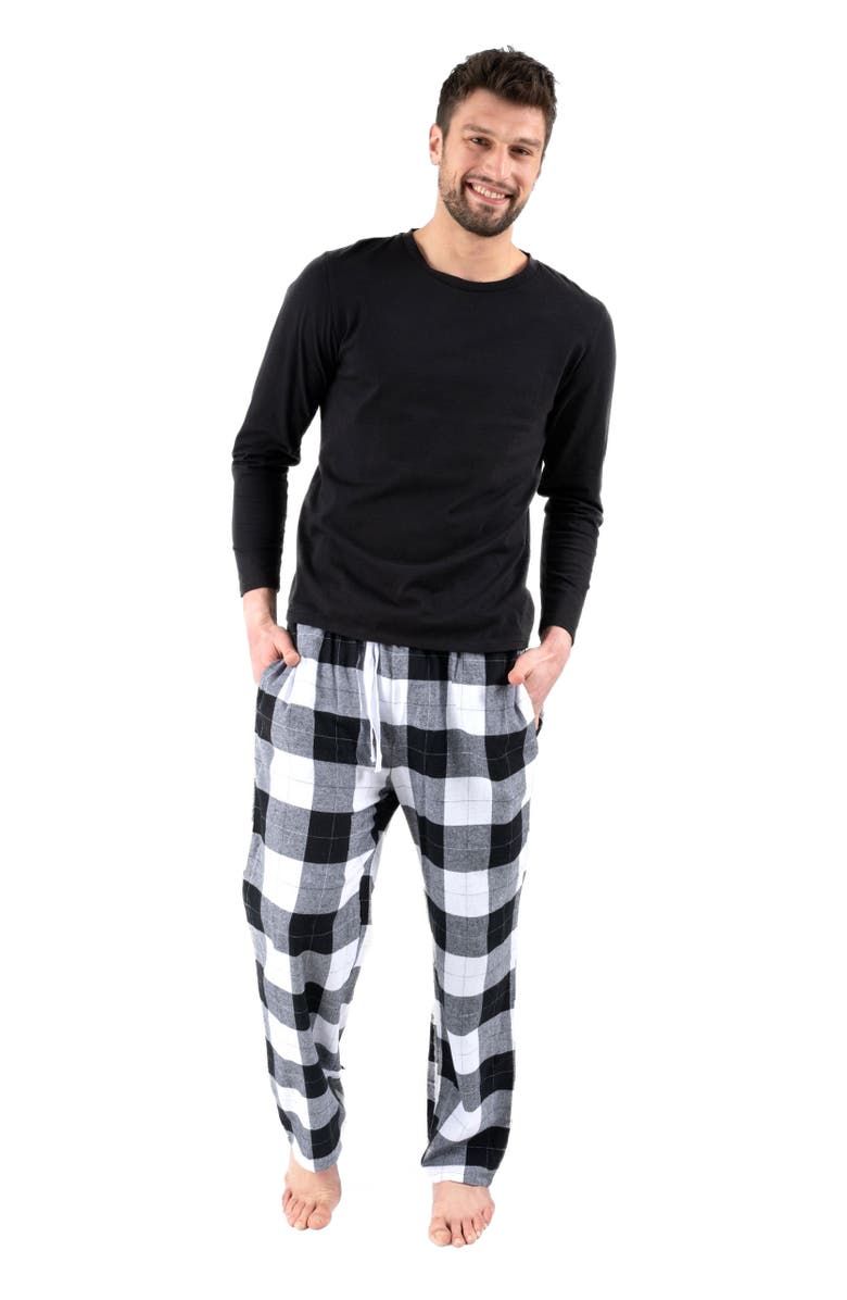 Leveret Men's Cotton Top & Flannel Pants Printed Holiday Pajama Set, Main, color, Plaid Black & White