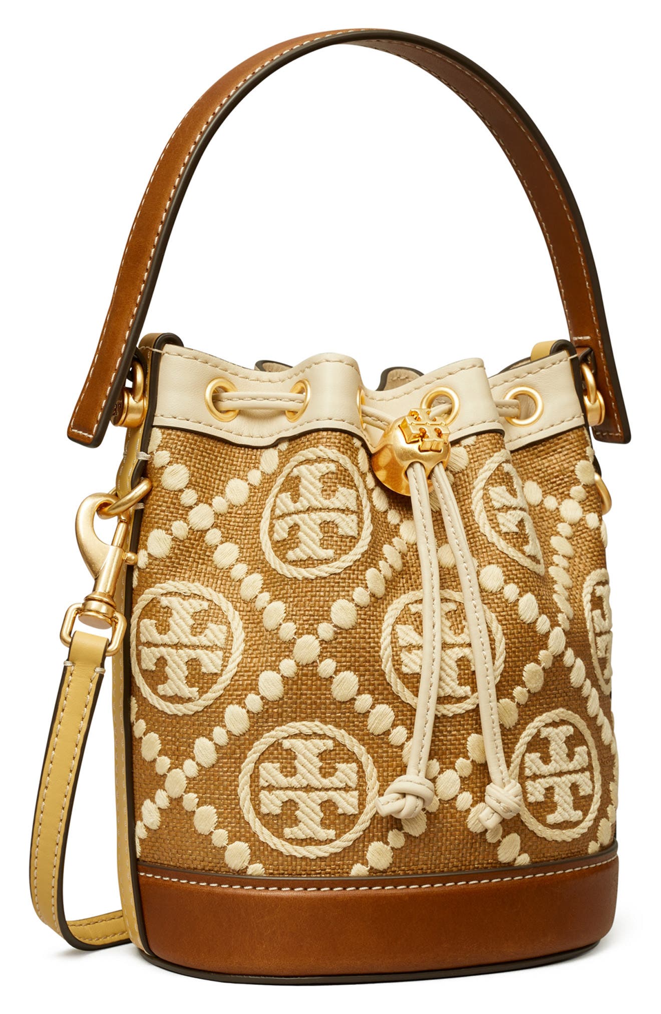 Tory Burch Mini T Monogram Embroidered Raffia Bucket Bag, Alternate, color, 