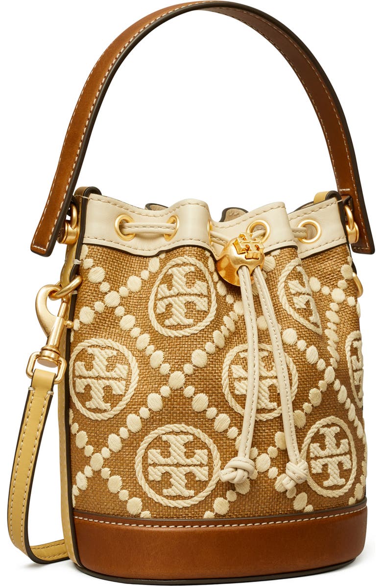 Tory Burch Mini T Monogram Embroidered Raffia Bucket Bag, Alternate, color,