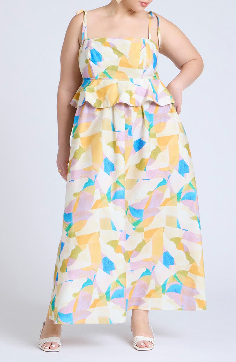 ELOQUII Geo Print Peplum Poplin Maxi Dress, Alternate, color,