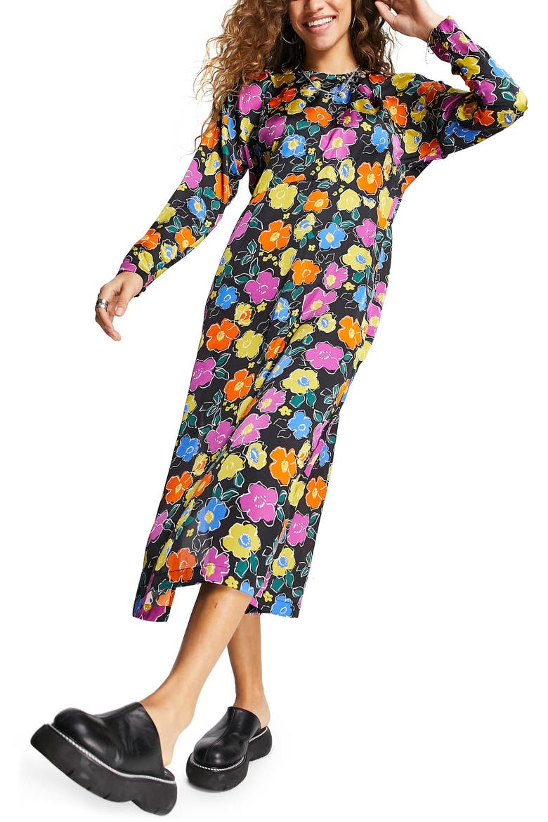 Floral Print Long Sleeve Dress, Main, color, BLACK MULTI