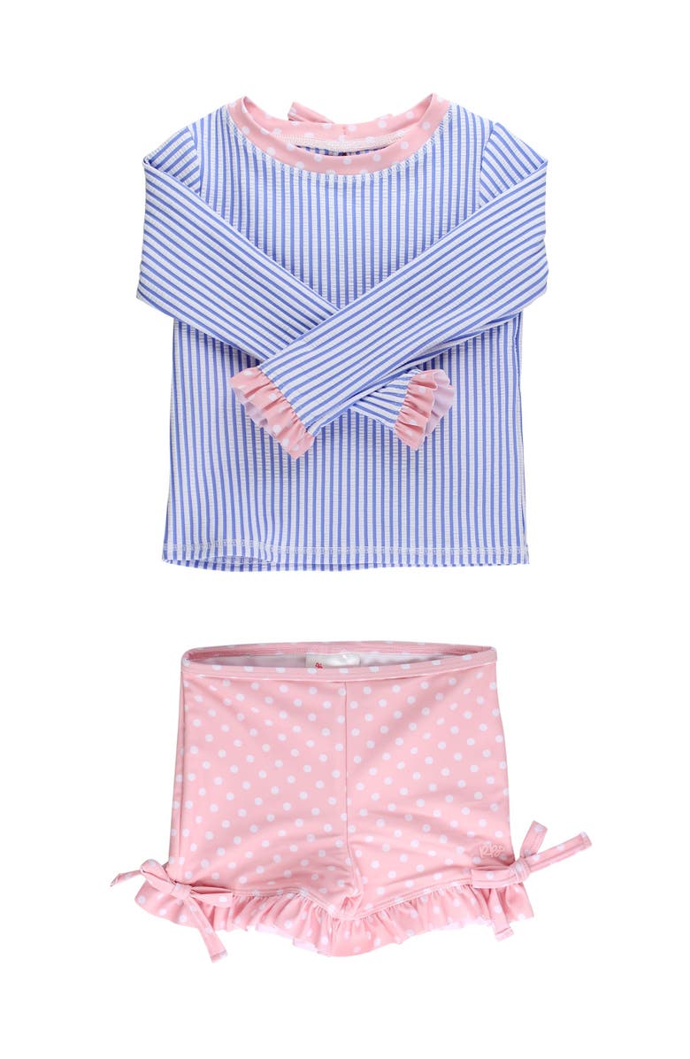 RuffleButts UPF50+ Seersucker Long Sleeve Rash Guard Ruffle Shorts 2-Piece Swimsuit, Main, color, Periwinkle Blue Seersucker