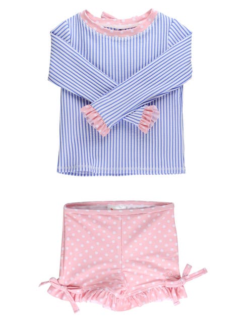 UPF50+ Seersucker Long Sleeve Rash Guard Ruffle Shorts 2-Piece Swimsuit