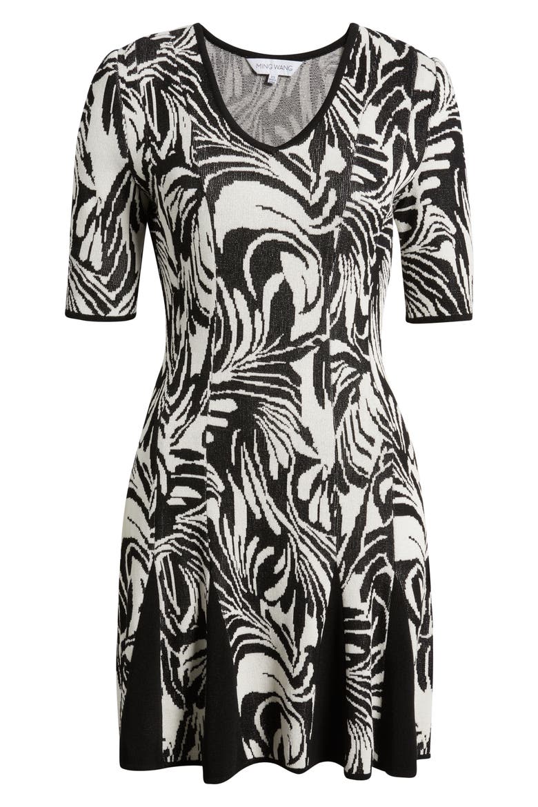 Short Sleeve Jacquard Fit & Flare Sweater Dress, Alternate, color, BLACK/ IVORY