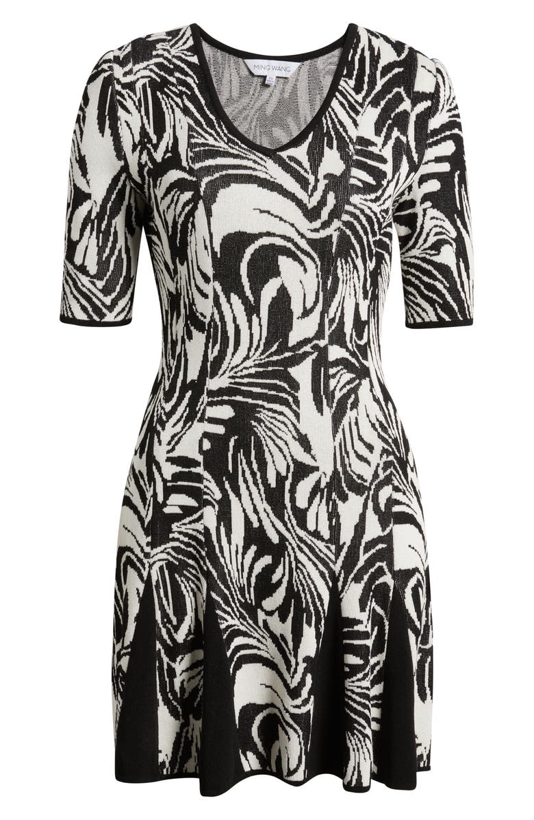 Ming Wang Short Sleeve Jacquard Fit & Flare Sweater Dress, Main, color, Black/ Ivory