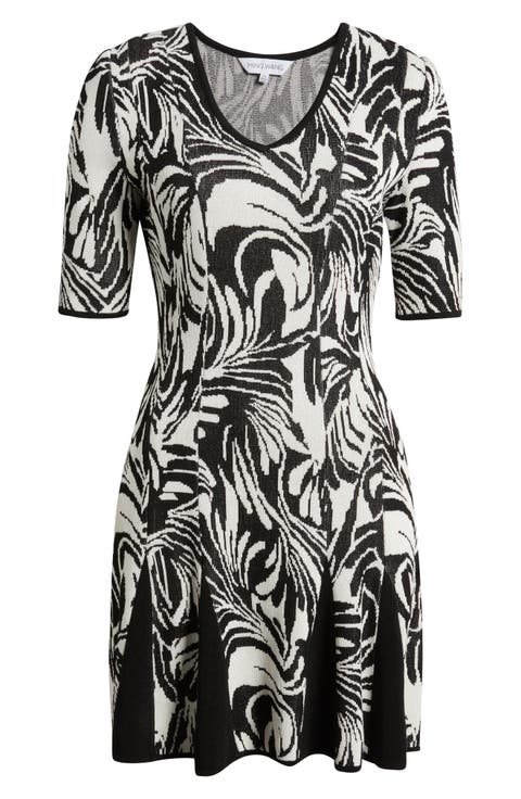 Short Sleeve Jacquard Fit & Flare Sweater Dress