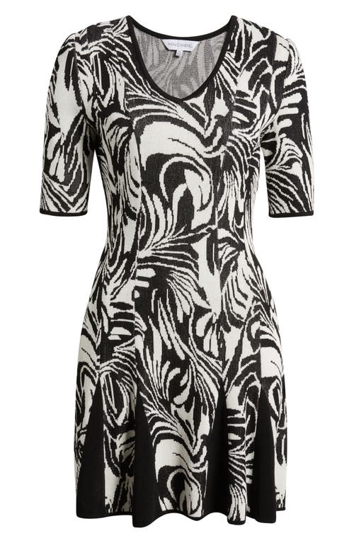 Ming Wang Short Sleeve Jacquard Fit & Flare Sweater Dress In Multi