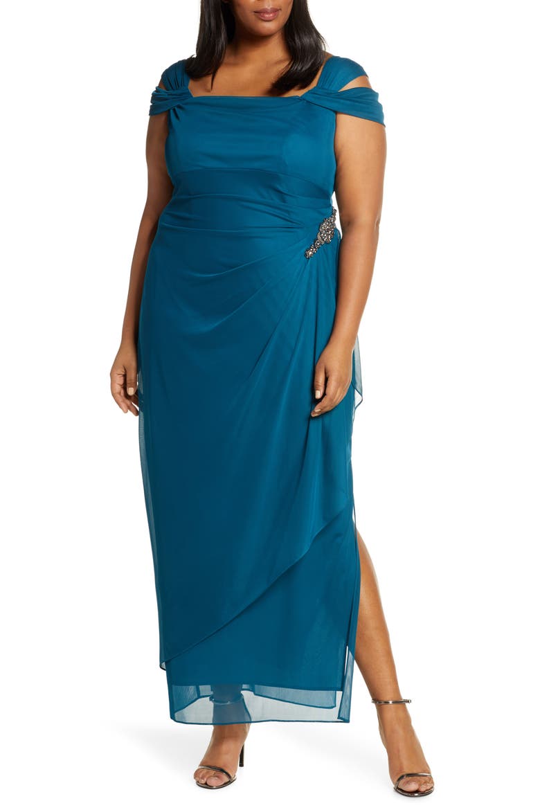 Embellished Cold Shoulder Gown, Main, color, DEEP TEAL