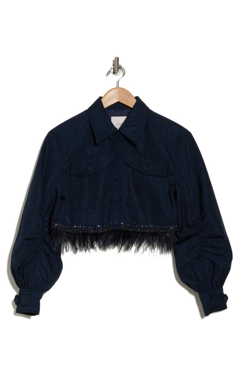 Cinq à Sept Suvi Beaded Feather Hem Crop Jacket, Alternate, color, Navy