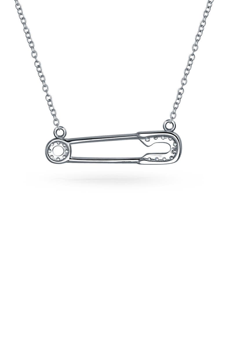 Support Refugees Safety Pin CZ Pendant Necklace, Alternate, color, SILVER