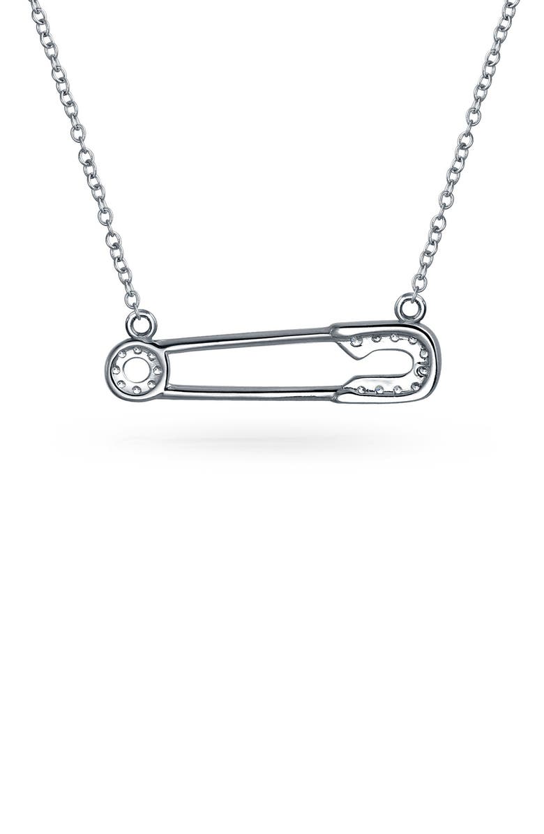 BLING JEWELRY Support Refugees Safety Pin CZ Pendant Necklace, Alternate, color, Silver