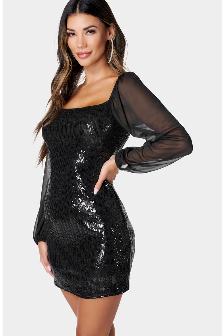 Square Neck Chiffon Sleeve Dress, Alternate, color, BLACK