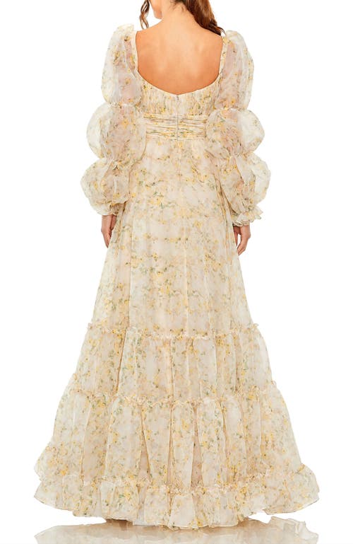 Mac Duggal Sweetheart Balloon Sleeve Chiffon Tiered Gown In White Multi