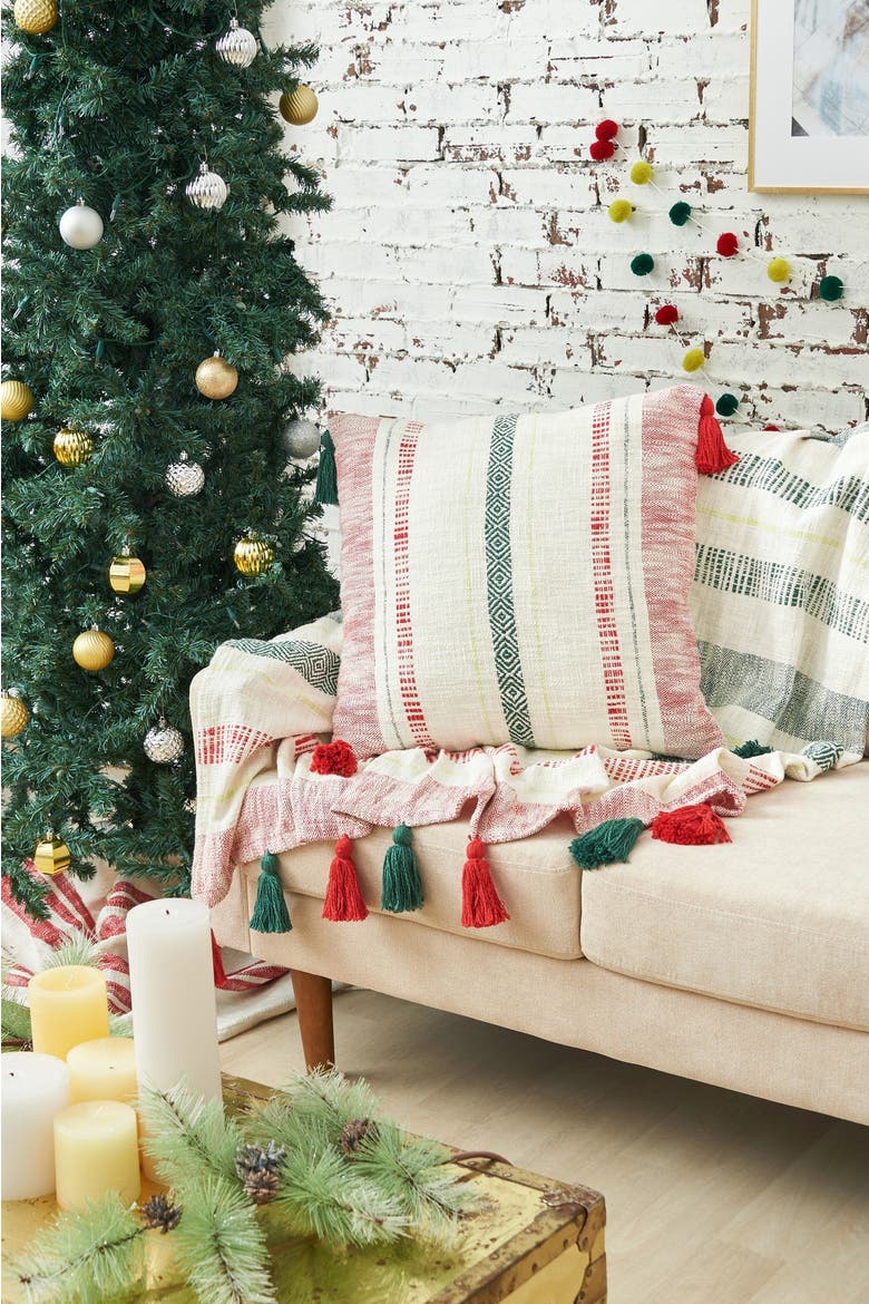 Barton Ruby Red and Green Woven Christmas Throw Pillow, Alternate, color, Red