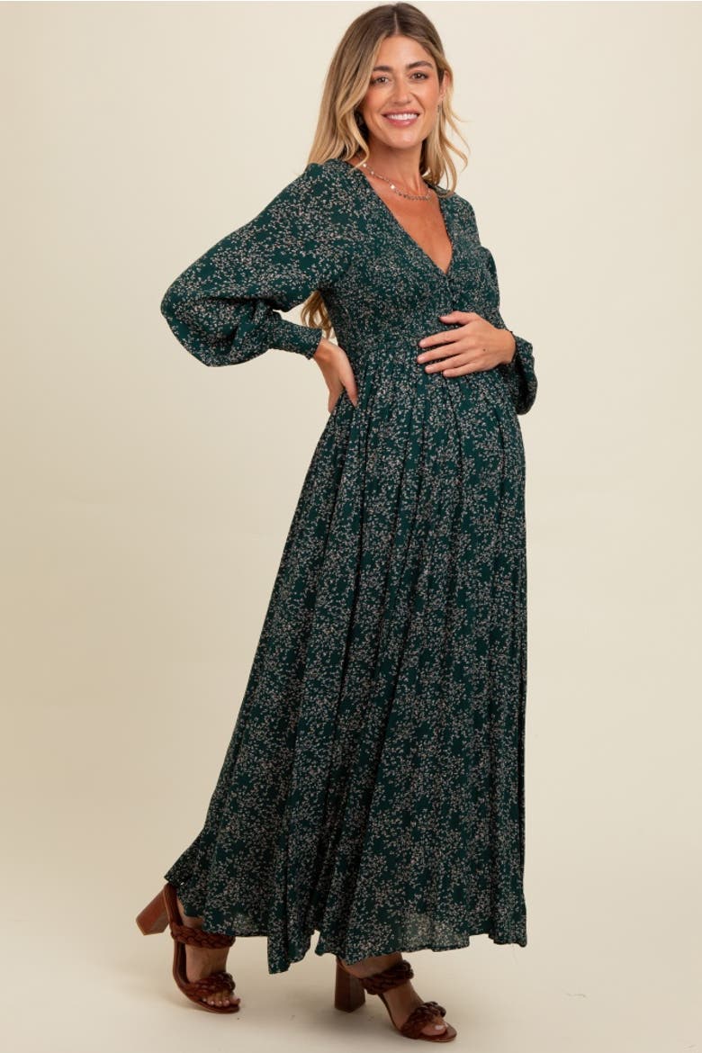Floral Smocked Button Detail Maxi Dress, Alternate, color, Forest Green